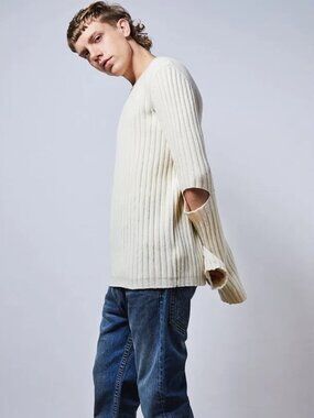 HELMUT LANG Re-Edition Ivory 100% Wool Ribbed Knit Cut-Out Elbow Sweater, Size M